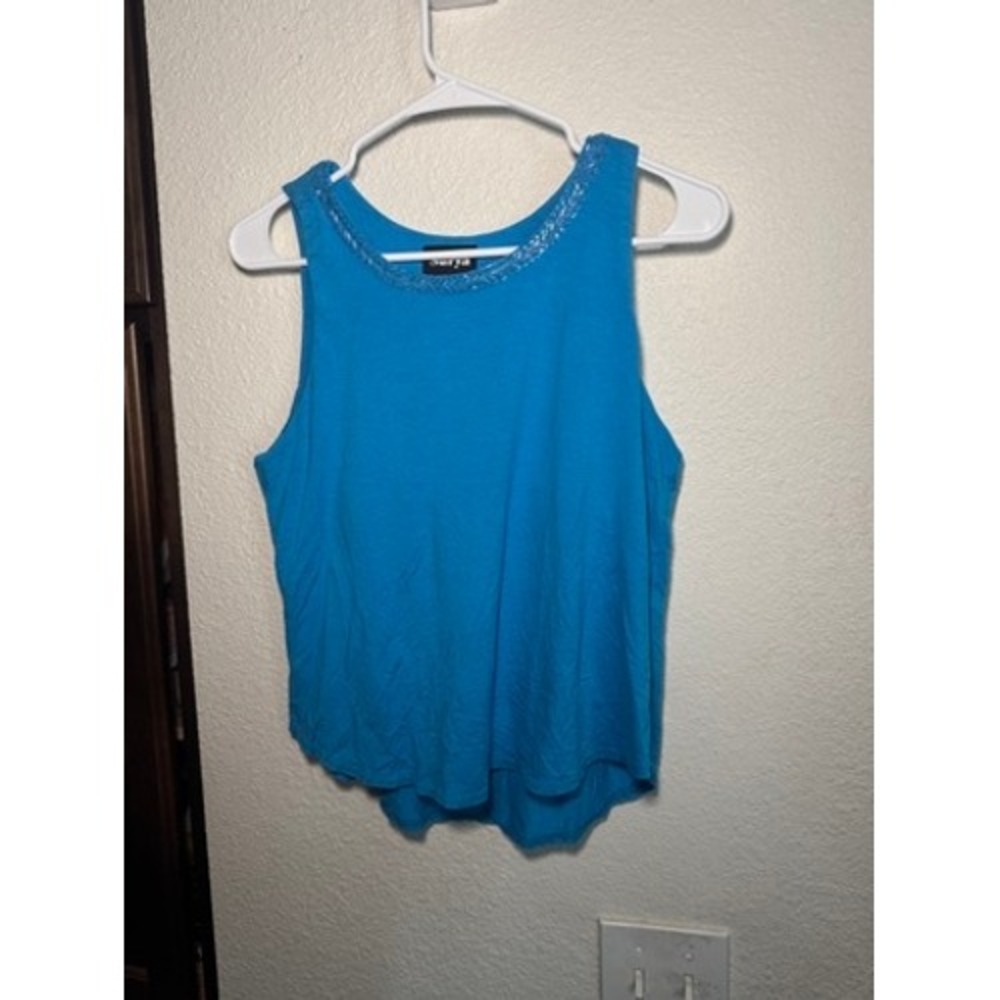 Surya Womens Turquoise Blue Knit Tank Top Braided Neckline High Low Hem Medium - Picture 2 of 3